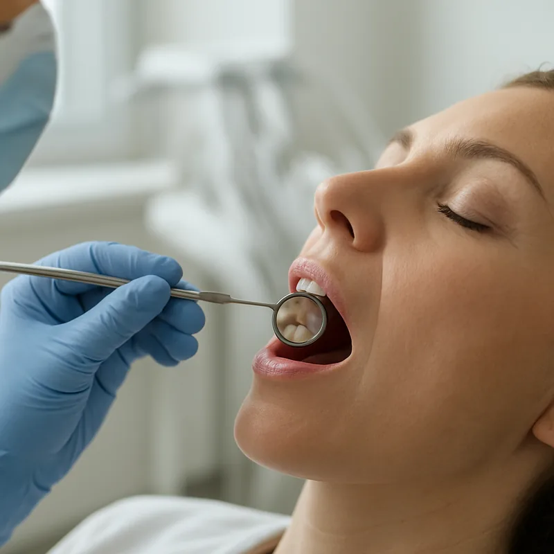 Molar cu obturație compozit veche examinat cu oglinda dentară în timpul unui control periodic la cabinetul stomatologic