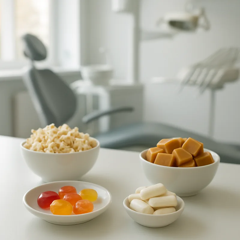 Alimente interzise cu aparatul dentar fix: bomboane tari, popcorn, caramel și gumă de mestecat pe o masă