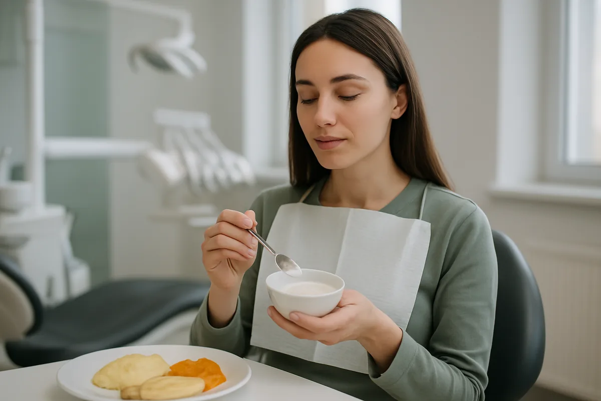 Bol cu iaurt și alimente moi pregătite pentru prima masă după o plombă, recomandare