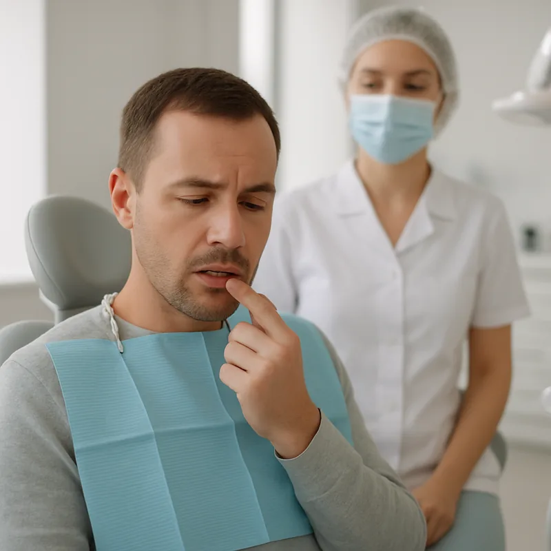 Pacient care își verifică buza încă amorțită după anestezia pentru o obturație la cabinetul stomatologic