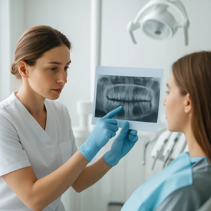 Radiotransparență periapicală bine delimitată pe radiografie retroalveolară, semn radiologic de chist radicular