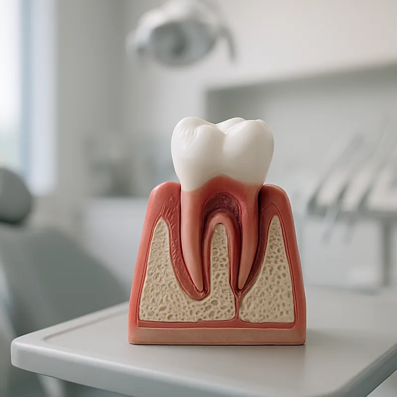 Model anatomic dentar cu lambou parodontal ridicat, care arată accesul vizual direct la rădăcină și la osul alveolar