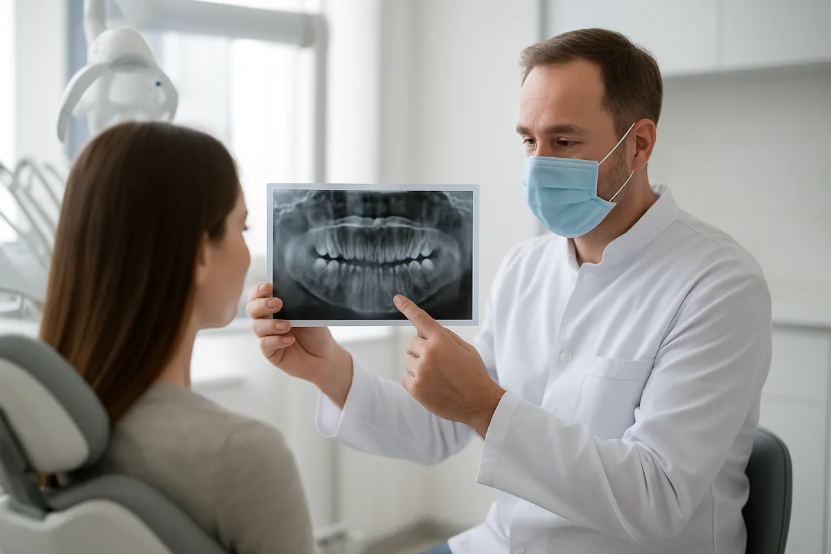 Radiografie panoramică cu rădăcinile molarilor superiori apropiate de podeaua sinusului maxilar, evaluate înainte de extracție