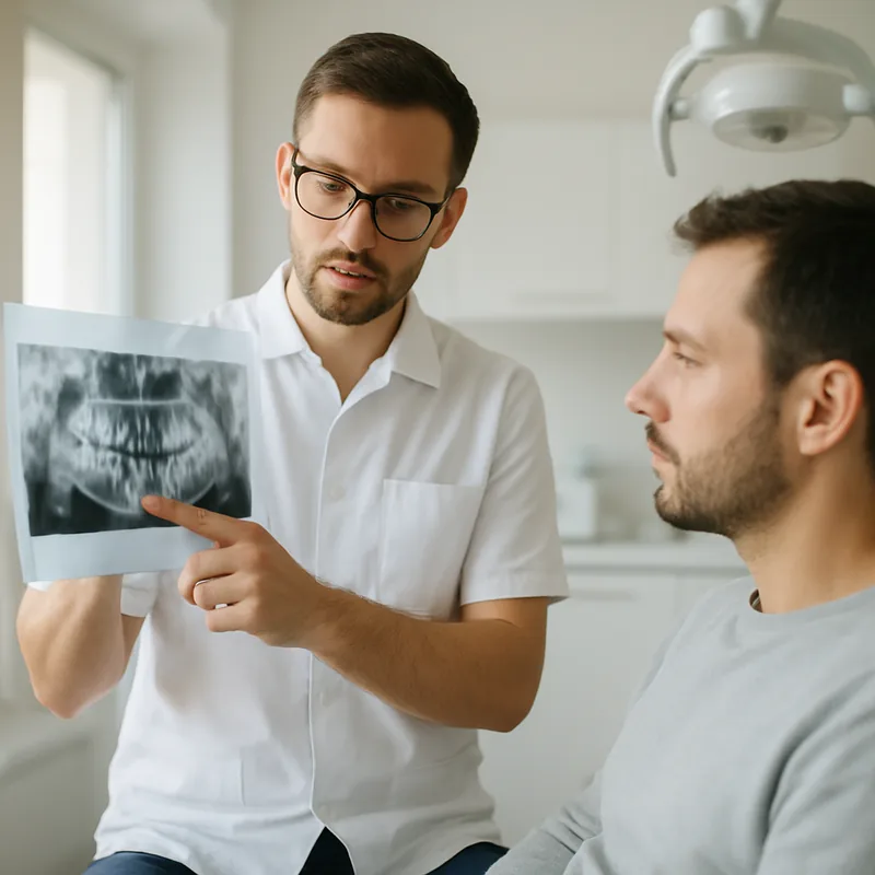 Medic stomatolog explicând pacientului raportul dintre rădăcinile molarului superior și sinusul maxilar pe radiografie, cabinet cabinetul stomatologic