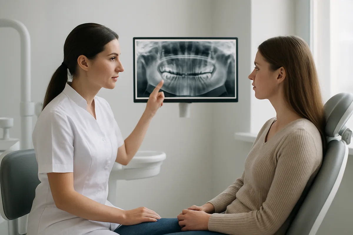 Consultație de evaluare înainte de un implant dentar, cu radiografia pacientului afișată pe monitor