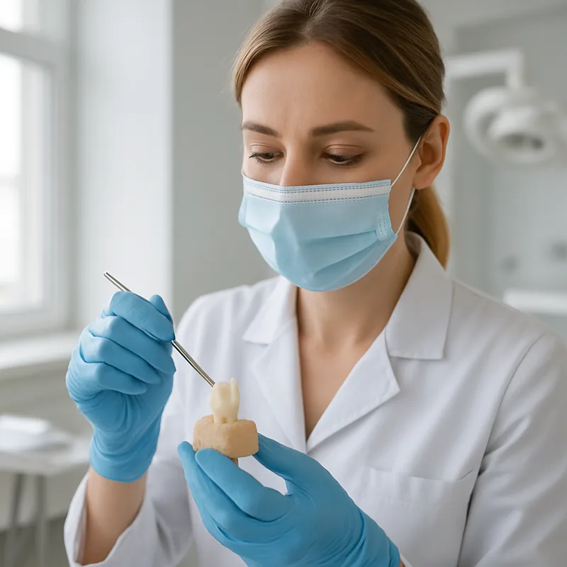 Medic stomatolog verifică adaptarea unei coroane dentare pe bont înainte de recimentare
