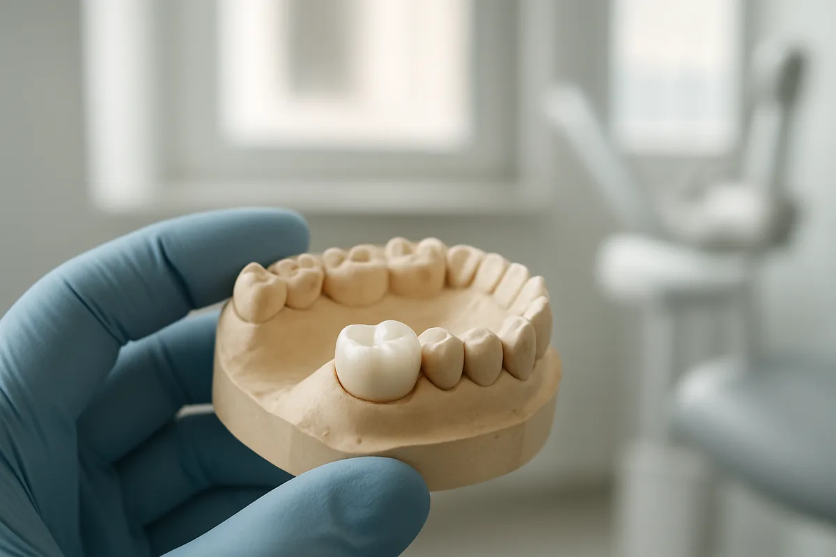 Coroană de zirconiu montată pe un molar tratat endodontic, model de lucru