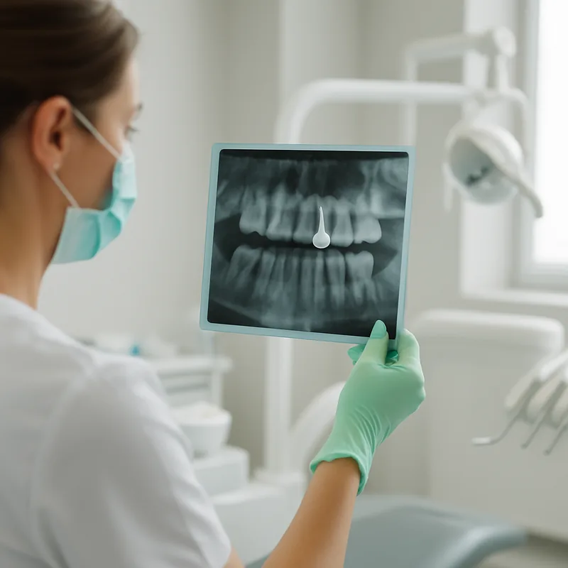 Radiografie de control a unui dinte cu tratament de canal finalizat și coroană definitivă cimentată