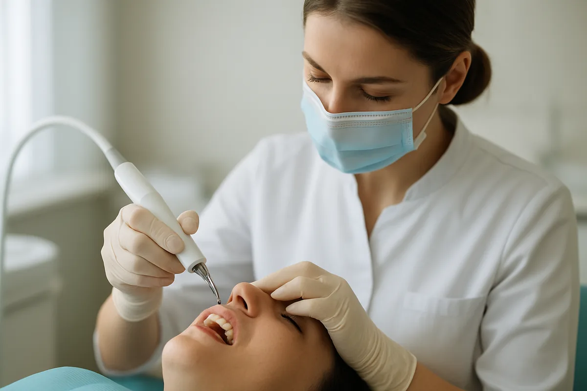 Detartraj cu ultrasunete, vârf piezoelectric pe depozitul de tartru de la coletul dintelui