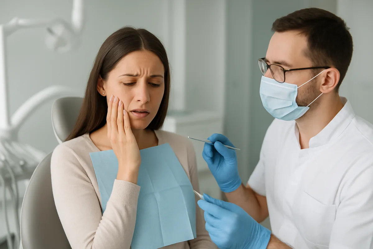 Pacientă cu junghi la rece pe un dinte sensibil, la consultația de odontoterapie