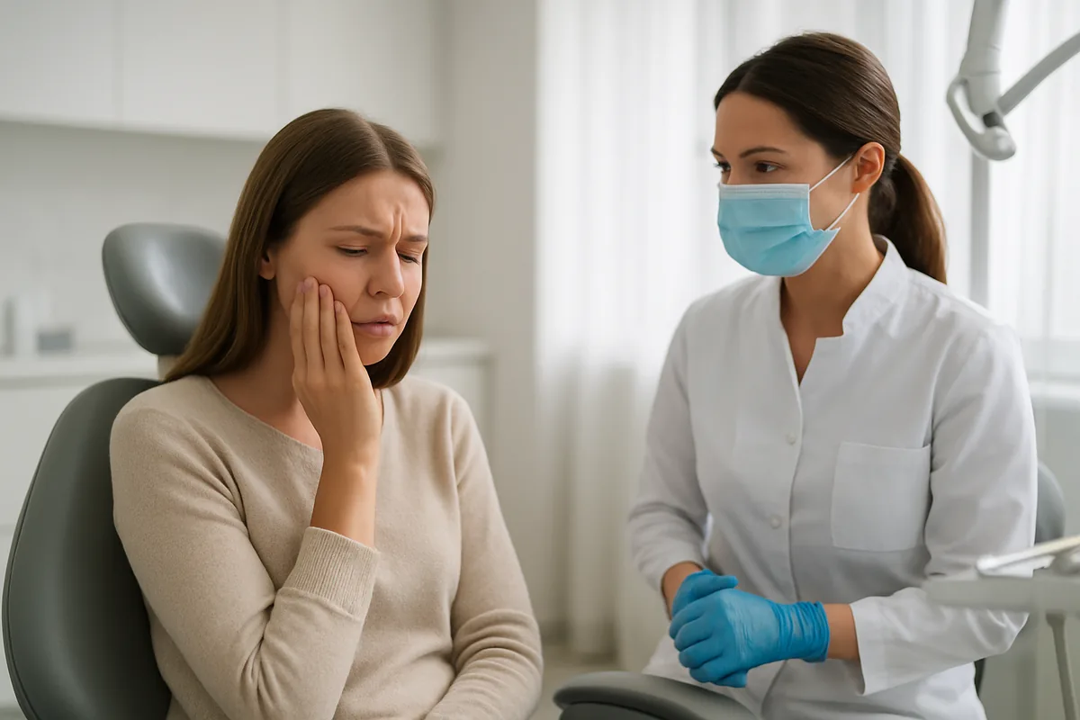 Pacientă cu sensibilitate dentară în zilele de după o plombă nouă, la cabinetul de odontoterapie