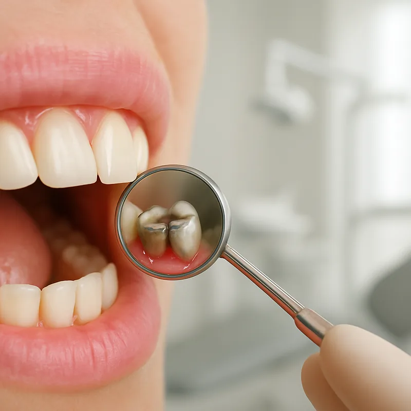 Ilustrație cu carie secundară la marginea gingivală a unei coroane dentare