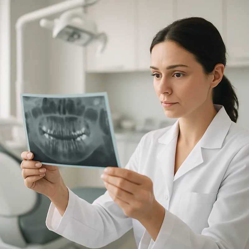 Medic stomatolog analizând radiografia unui dinte cu coroană pentru depistarea cariei de sub lucrare
