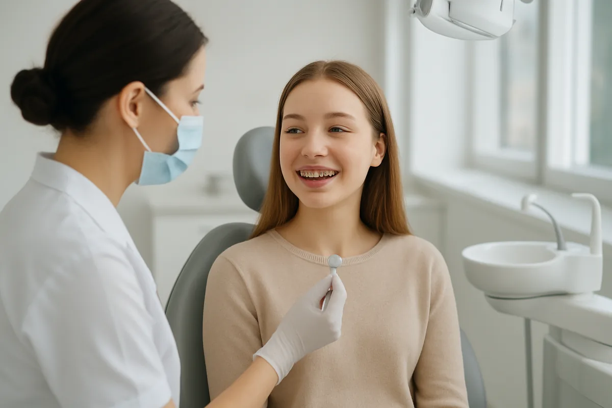 Pacientă cu aparat dentar fix și elastice intermaxilare, tratament ortodontic