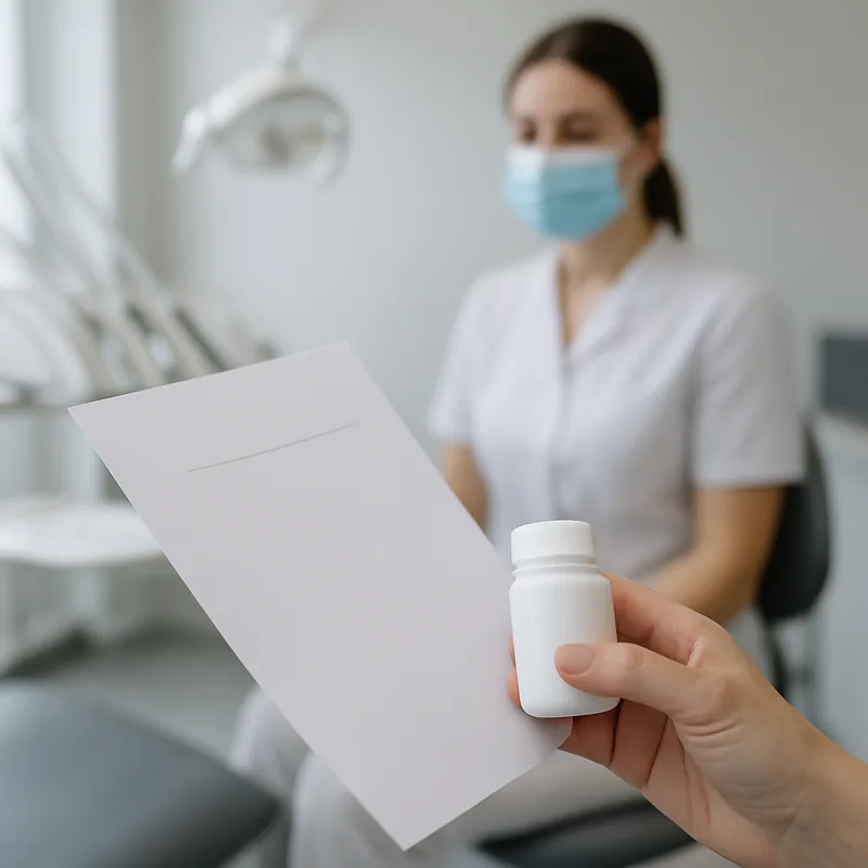 Buletin de analize cu valoarea INR și cutie de anticoagulant oral, aduse la consultul dinaintea extracției dentare