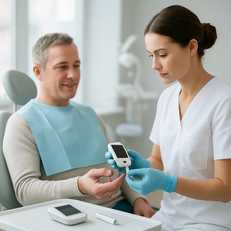 Glucometru și analiză de hemoglobină glicată folosite la evaluarea pacientului diabetic înainte de extracția dentară