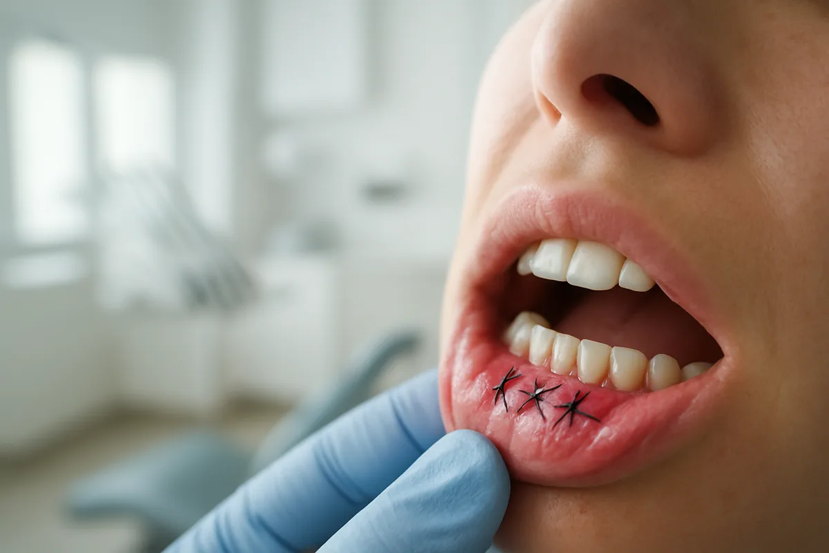 Fire de sutură aplicate pe gingie după o extracție dentară, în cabinetul de chirurgie orală