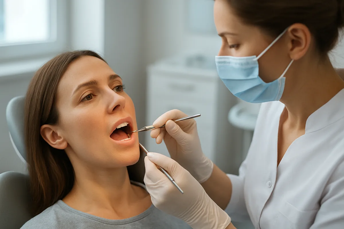 Fistulă gingivală, coșuleț alb cu puroi apărut pe gingie deasupra rădăcinii unui dinte