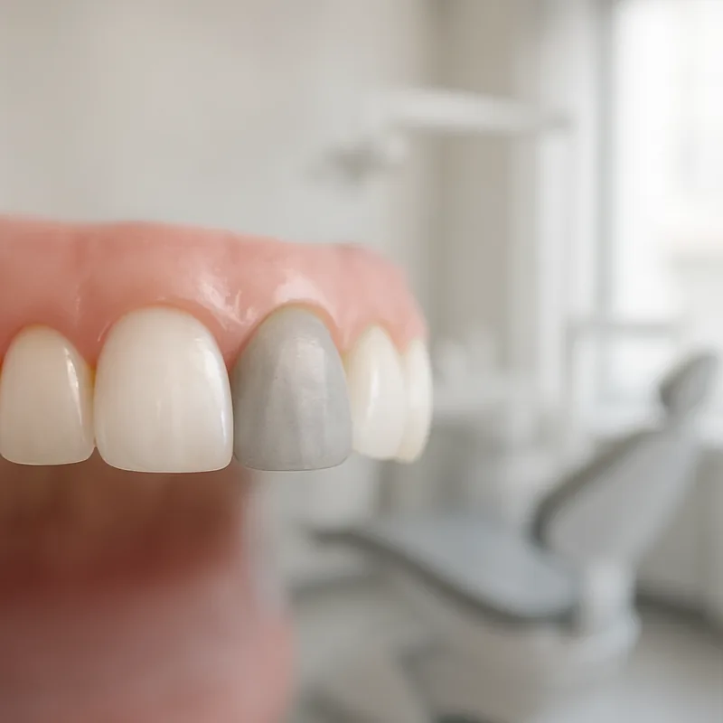 Dinte frontal cu coroana decolorată cenușiu, semn clinic de necroză pulpară după un traumatism vechi