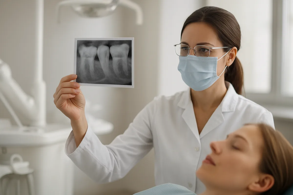 Radiografie periapicală cu granulom dentar la vârful rădăcinii unui molar, evaluată