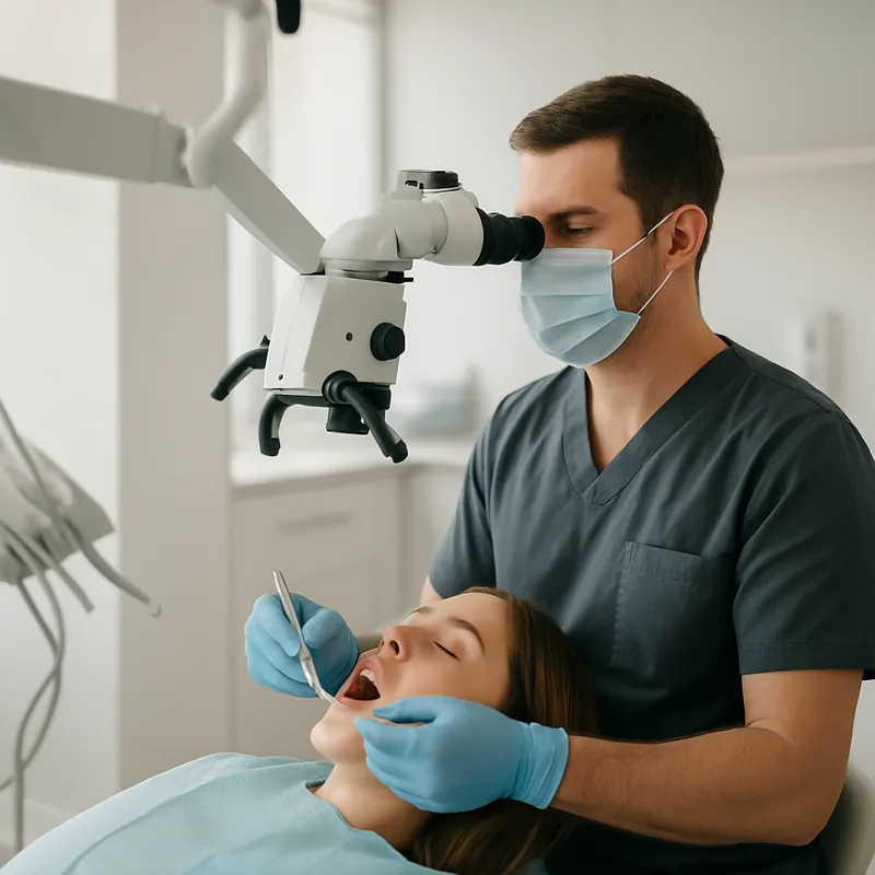 Ilustrație a tratamentului endodontic sub microscop, fără confirmarea vindecării unei leziuni periapicale