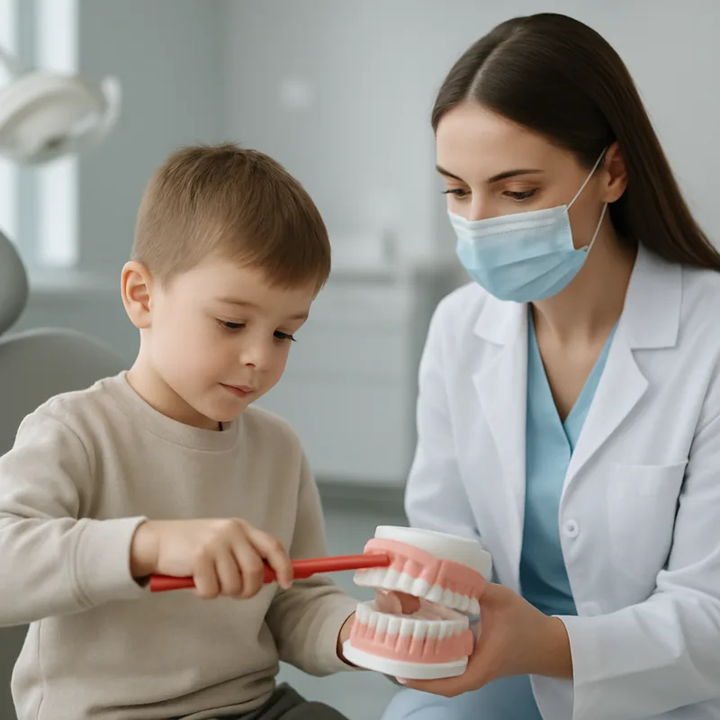 Copil exersează periajul corect pe un model dentar, sub îndrumarea medicului stomatolog pediatru
