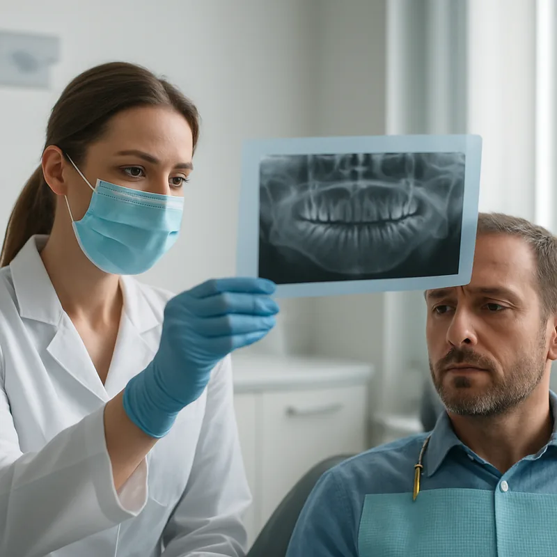 Radiografie panoramică cu resorbție osoasă alveolară la un pacient cu parodontoză avansată, evaluată înainte de implant