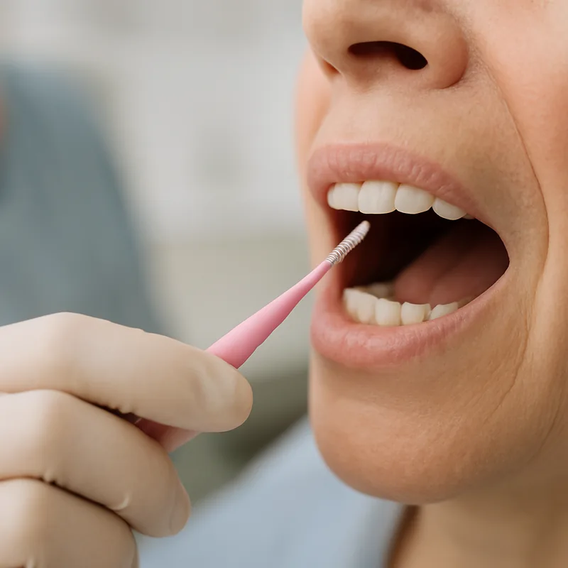 Periuță interdentară folosită pentru igiena din jurul unei coroane pe implant la un pacient cu diabet zaharat