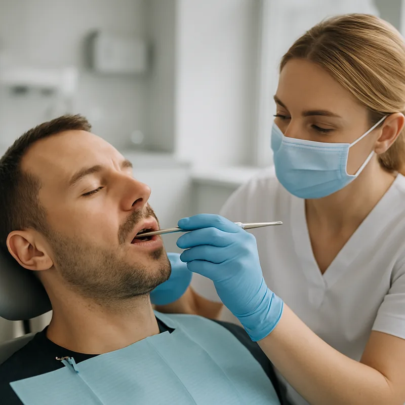 Sondă peri-implantară folosită la controlul unui implant dentar pentru depistarea peri-implantitei la un pacient fumător