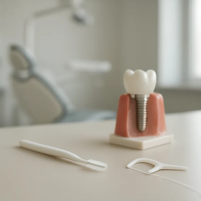 Periuță interdentară și ață dentară folosite pentru igiena zilnică din jurul unui implant dentar