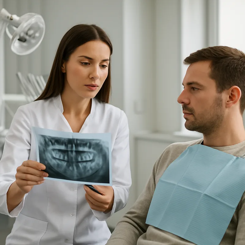 Medic stomatolog explicând unui pacient radiografia înainte de o extracție la MD Dental Pitești