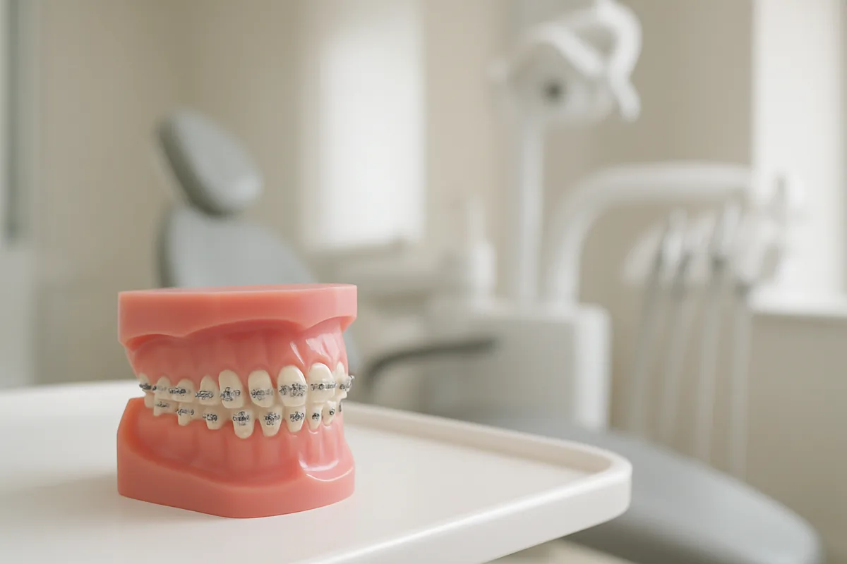 Menținător de spațiu fix tip band and loop prezentat pe model dentar la cabinetul de pedodonție
