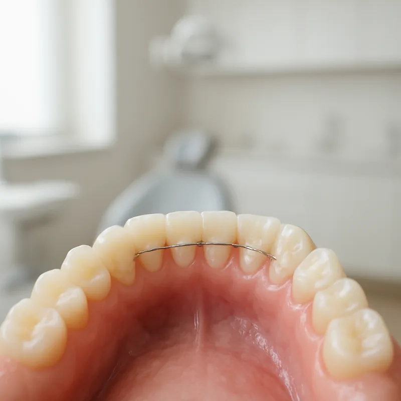Contenție fixă aplicată pe fața interioară a dinților frontali după îndepărtarea aparatului dentar