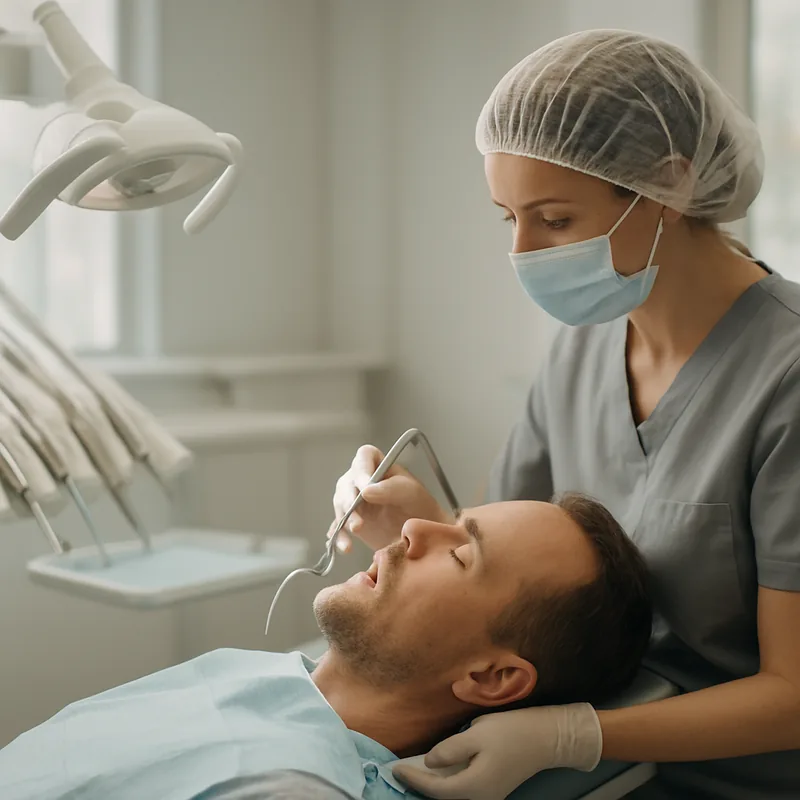 Pacient calm în timpul intervenției de implant dentar sub anestezie locală