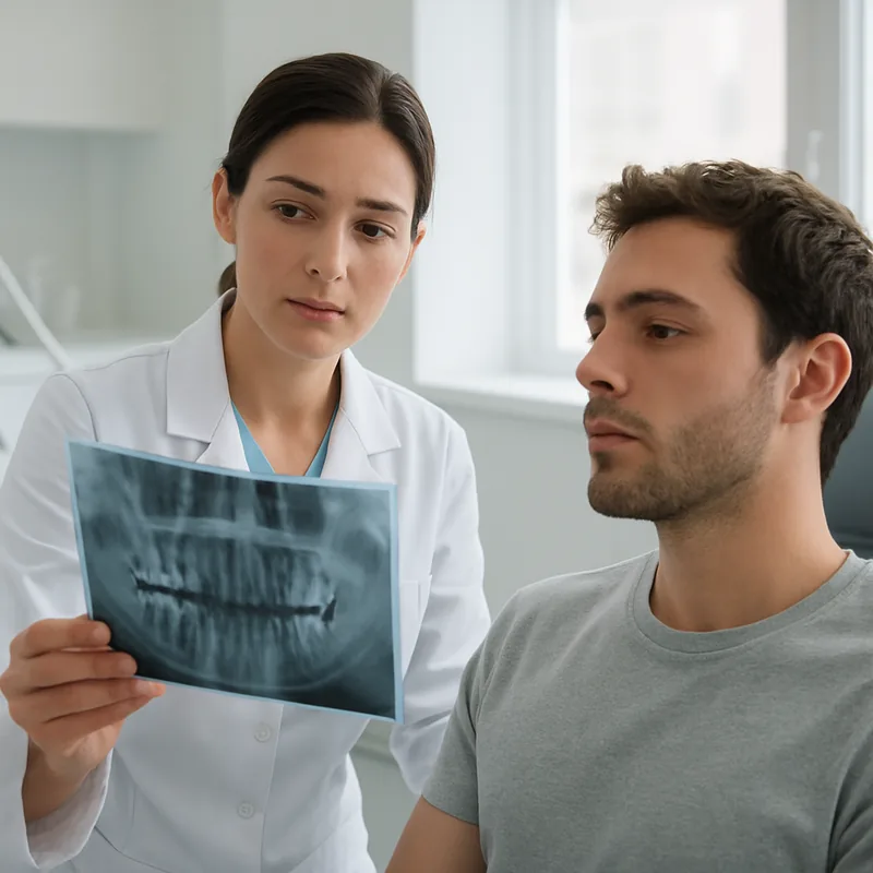 Radiografie periapicală cu leziune la vârful rădăcinii unui dinte care nu doare, descoperită la un control de rutină
