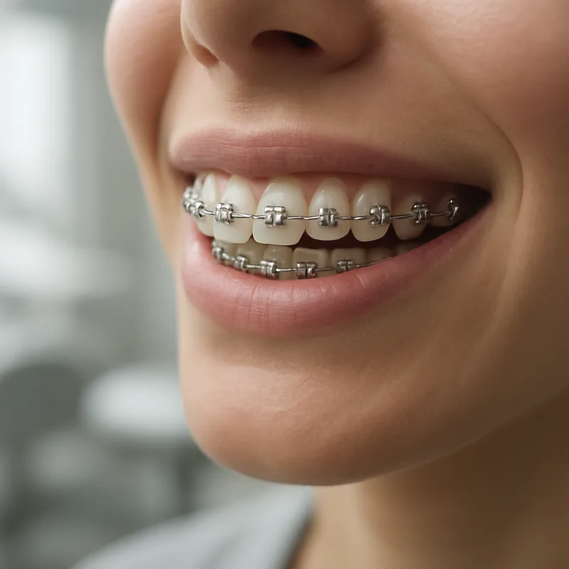 Sârmă ortodontică fixată cu ligaturi elastice pe bracketuri metalice, detaliu de aparat dentar fix