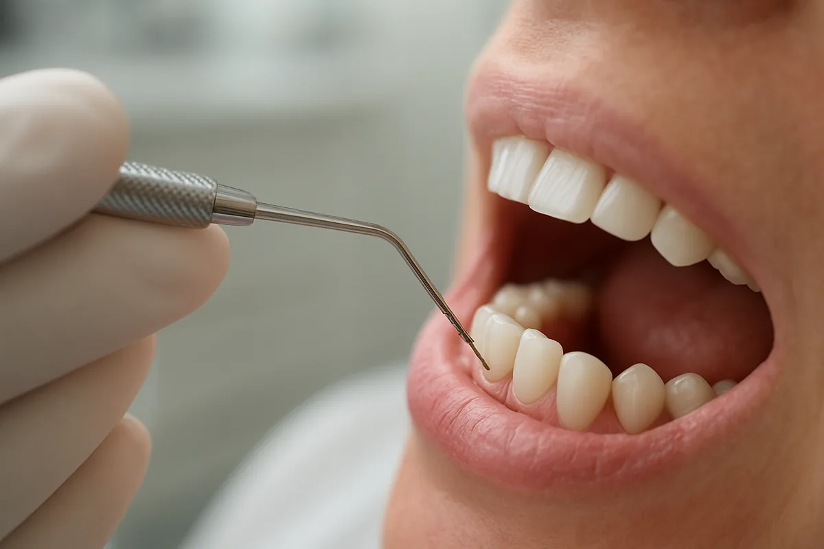 Sondă parodontală care măsoară punga peri-implantară în jurul unei coroane pe implant dentar