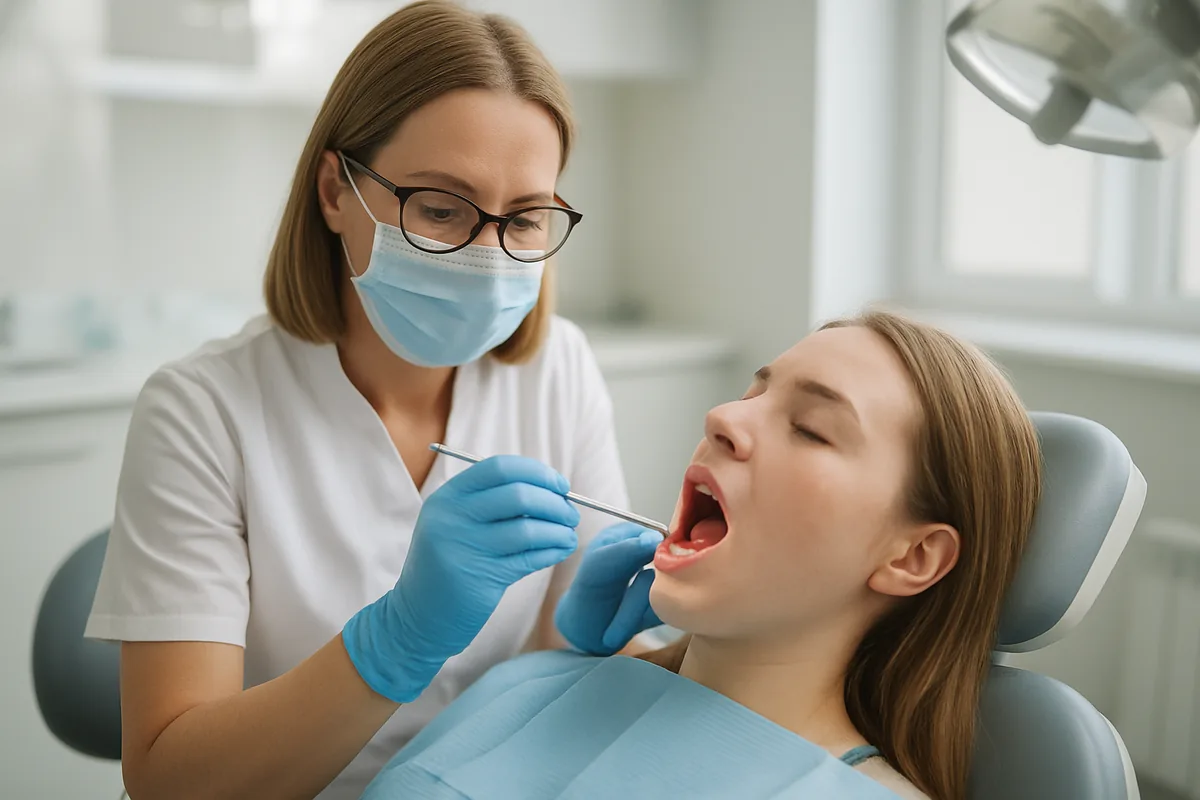 Pericoronarită la măseaua de minte inferioară, gingie inflamată peste coroana dintelui semi-erupt