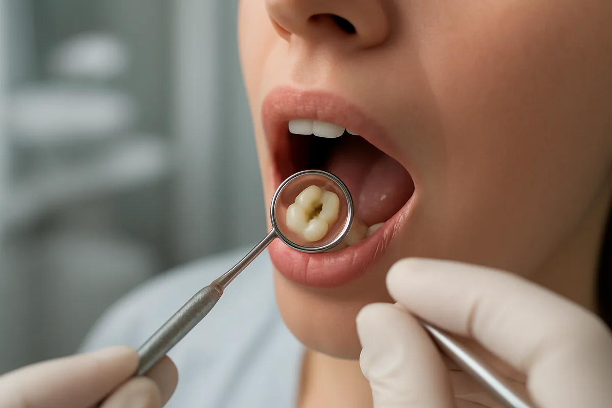 Molar cu plombă căzută și cavitate deschisă, examinat cu oglinda stomatologică