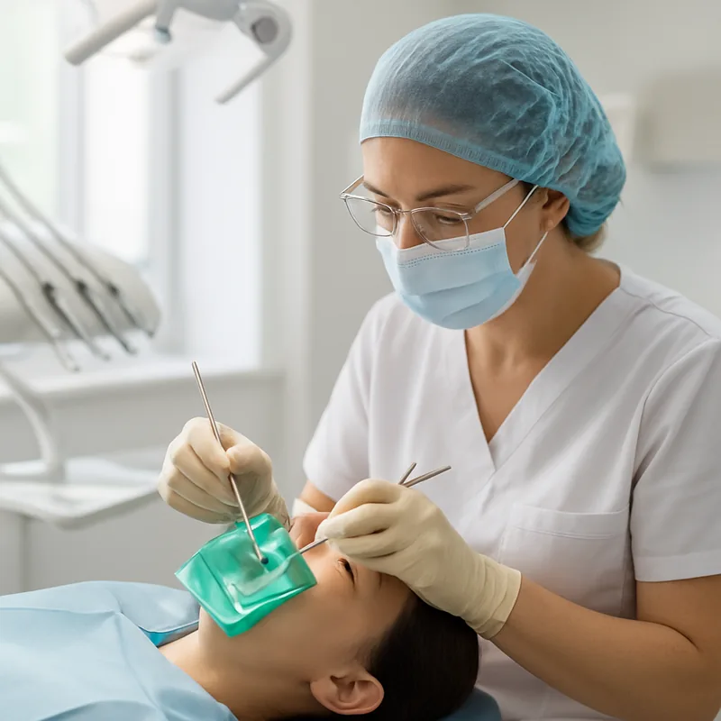 Medic stomatolog reface o obturație cu compozit stratificat pe câmp izolat cu digă la cabinetul stomatologic