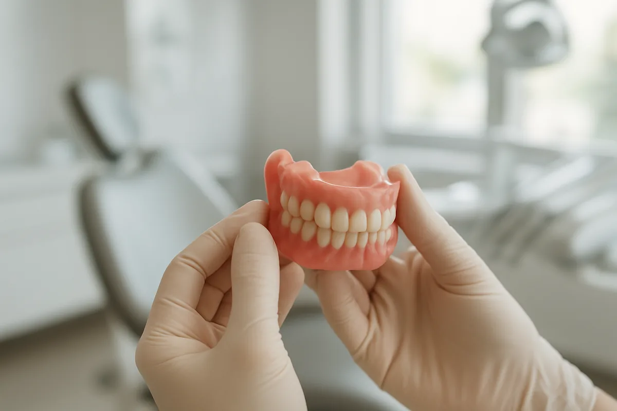Proteză dentară totală ținută cu fața internă în sus, pregătită pentru rebazare