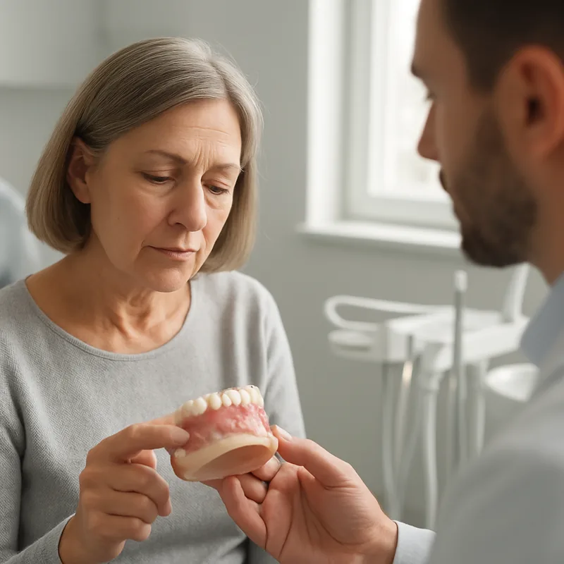 Model dentar care arată resorbția crestei osoase de sub o proteză mobilă purtată de mai mulți ani