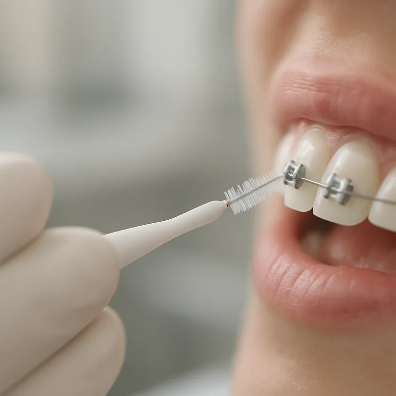 Periuță interdentară folosită pentru curățarea plăcii bacteriene din jurul unui bracket ortodontic