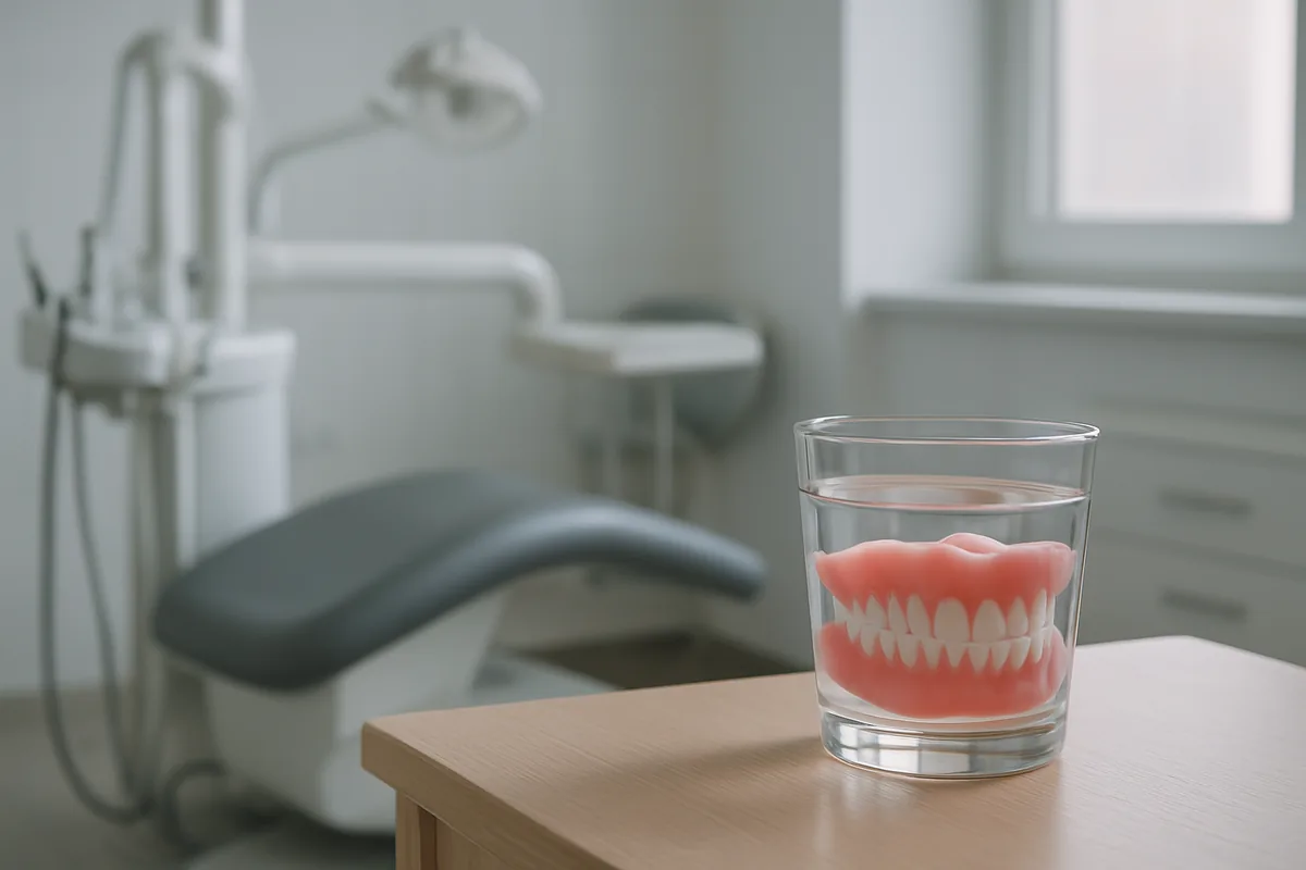 Proteză dentară mobilă păstrată peste noapte în recipient cu apă pe noptieră, regula de igienă explicată