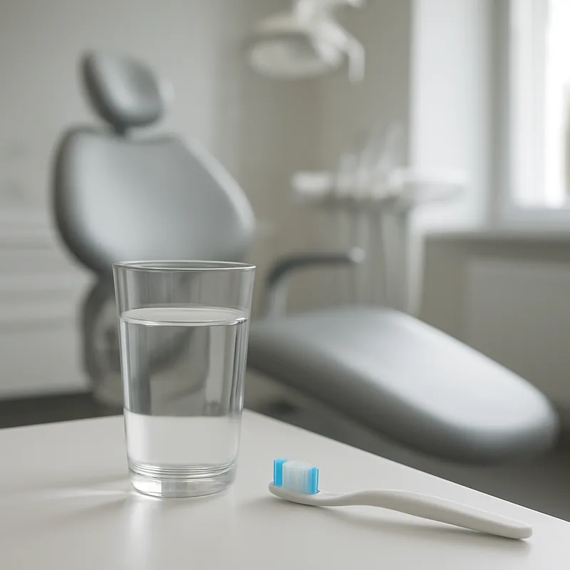 Recipient cu apă pentru păstrarea protezei dentare mobile peste noapte, alături de periuță dedicată
