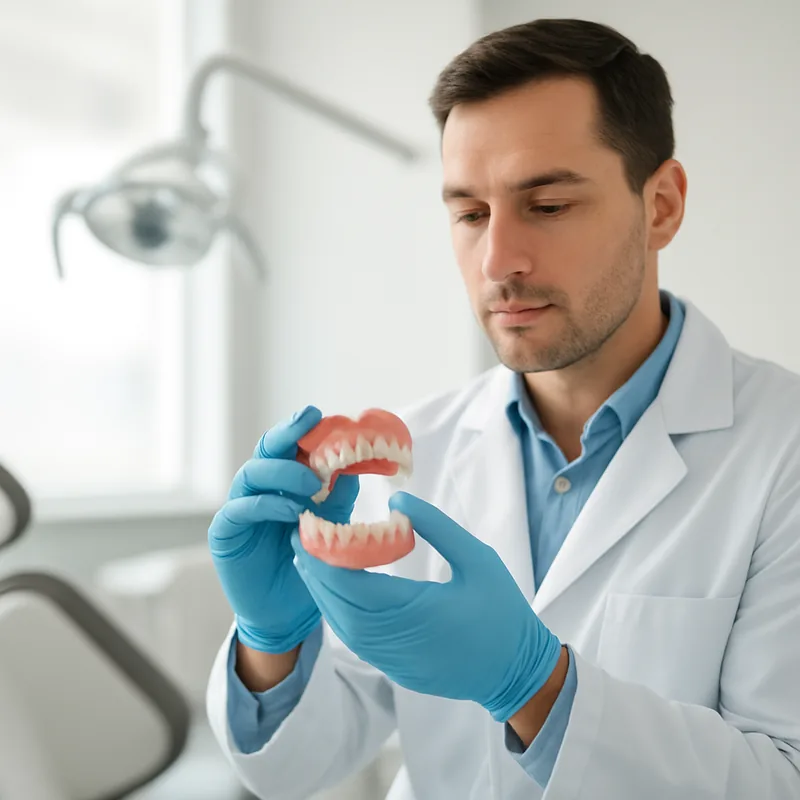 Medic stomatolog verificând adaptarea unei proteze dentare mobile la controlul periodic, în cabinetul
