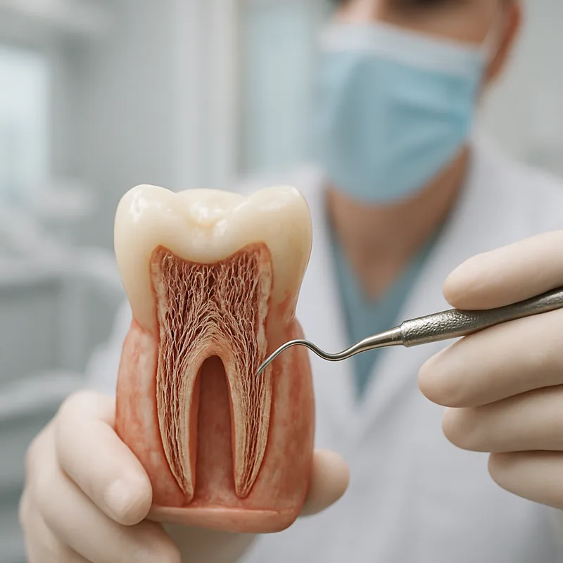 Ilustrație cu tubulii dentinari expuși pe rădăcina dintelui după îndepărtarea tartrului