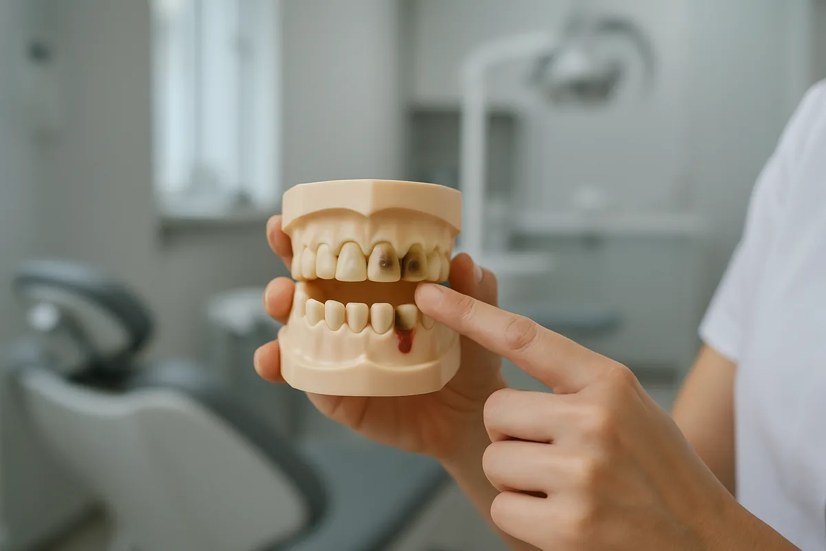 Cele patru stadii ale cariei dentare la adult pe un model dentar, de la pata albă până la afectarea pulpei