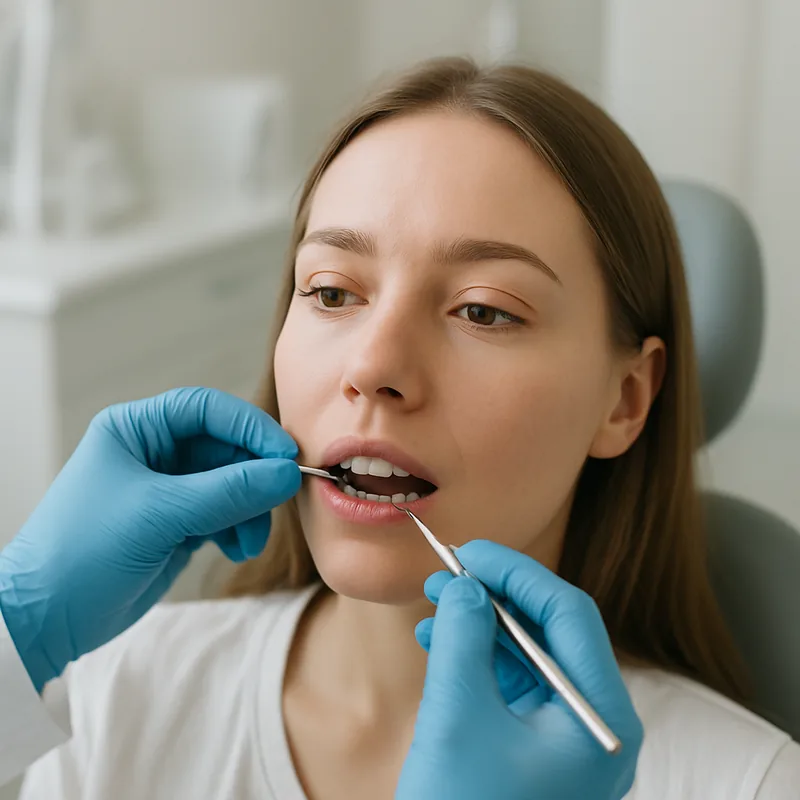 Pată albă de demineralizare pe smalțul unui dinte frontal, primul stadiu al cariei dentare la adult