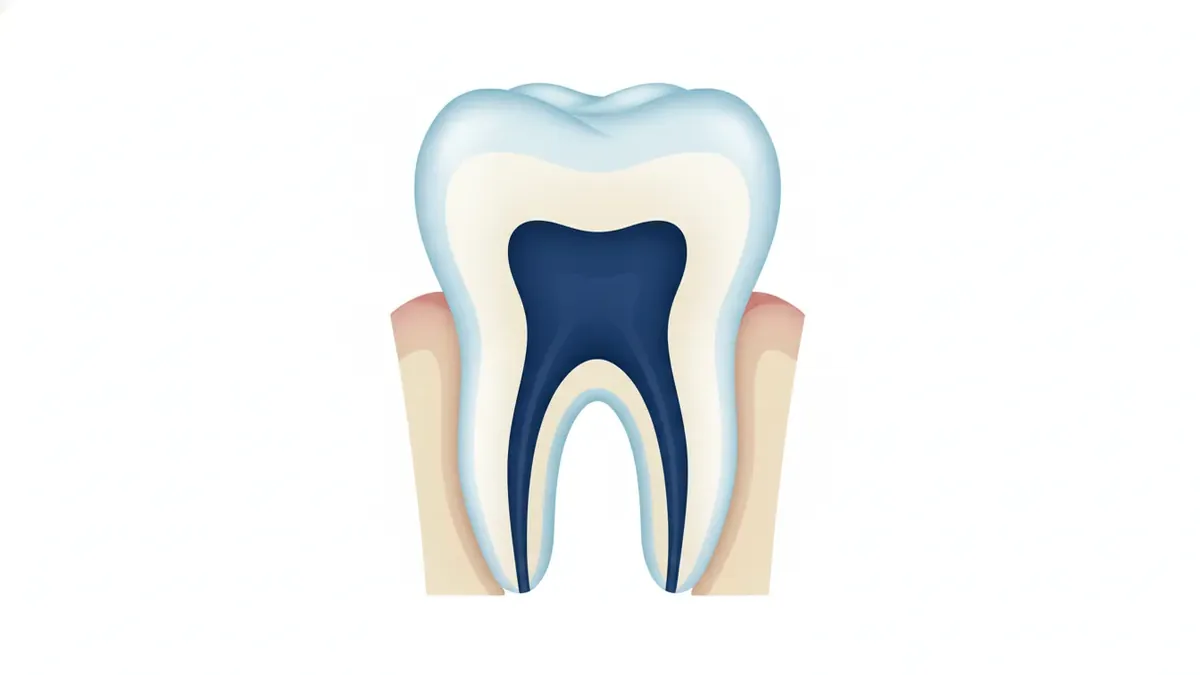 Schemă cu straturile dintelui: coroana, coletul, rădăcina, smalțul, dentina și pulpa